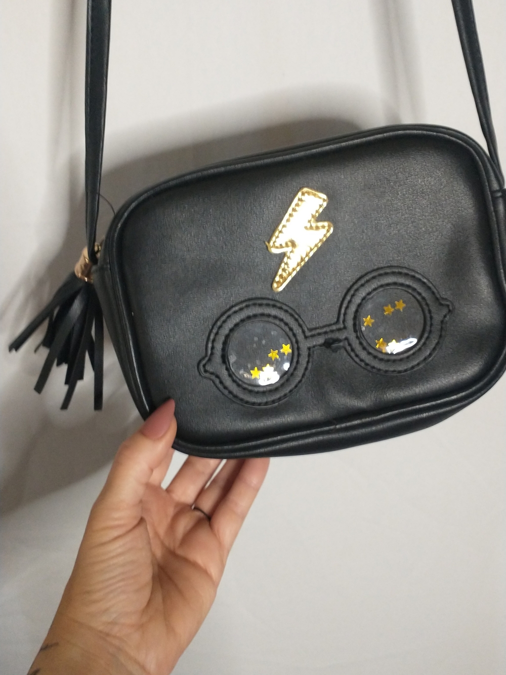 Harry Potter Black Crossbody Bag with Gold Lightning & Star Glasses Accent
